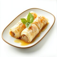 A delicate and intricate Ramzan dessert featuring baklava rolls with a honey glaze, 