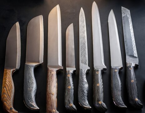A set of hand-forged kitchen knives displayed on a table