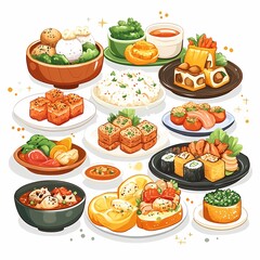 Asian Cuisine Photo. Sushi, Dumplings & Rice Bowls in a Vibrant Food Illustration for Healthy Eating & Party Platter Dining Experience