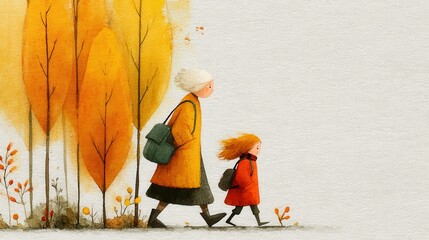 a senior woman walking with granddaughter in park during autumn ,hand drawing cartoon 2d,funny,issolated on white background.image stock
