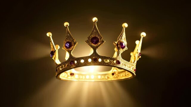 A golden crown adorned with purple gemstones, isolated on a white and transparent background; concept for royalty, luxury branding, and success.