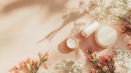 Beauty products with flowers on a soft pink background