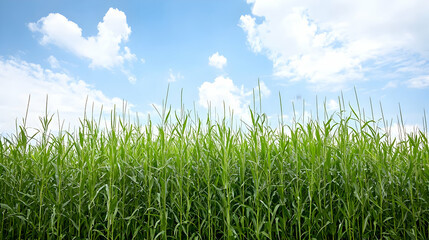 Obraz premium Green Grass Field Under Blue Sky With Fluffy Clouds