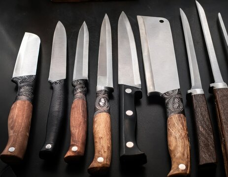 A set of hand-forged kitchen knives displayed on a table