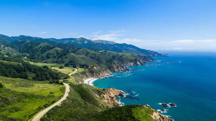 Fototapeta premium Coastal Highway Winding Through Lush California Hillsides