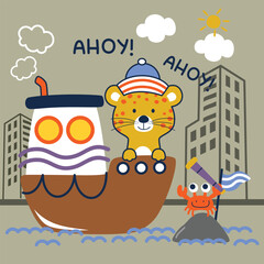 Cartoon lion captain on a ship with a crab and 