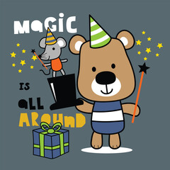 Cartoon bear and mouse performing magic with a hat and wand
