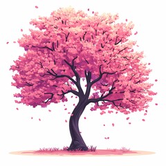 Fototapeta premium Whimsical Pink Cherry Blossom Tree Amidst Vibrant Springtime Foliage - Botanical Illustration and Tranquil Nature Art