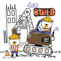 Cartoon bears in construction gear with an excavator, 