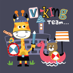 Cartoon giraffe and bear in Viking gear with a castle and dragon boat
