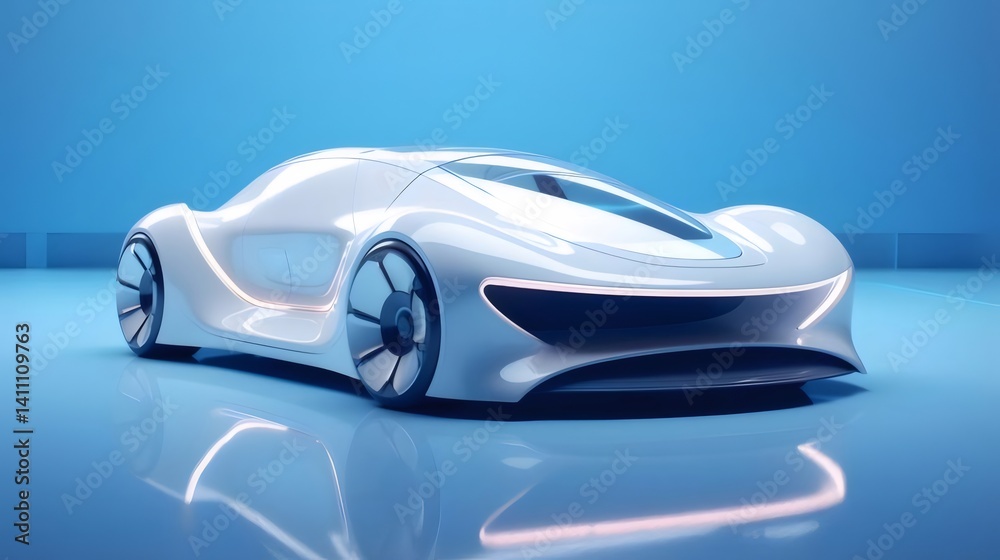 Aufkleber 未来的な白と青の車のデザイン 光沢のある表面と反射による美しい描写