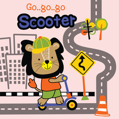 Cartoon lion riding a scooter on a fun city road with traffic signs and playful design
