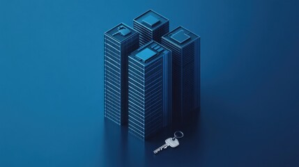 Modern skyscrapers with a key on a blue background
