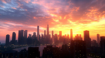 Fototapeta premium Sunset Over Futuristic City Skyline