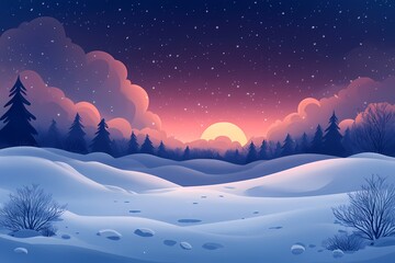 Winter Landscape Illustration. Captivating Sunset with Vibrant Pink and Blue Sky Over Snowy Rural Hills