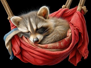 A cute raccoon sleeping peacefully in a cozy makeshift hammock made of soft, colorful fabric.