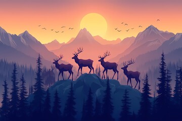 Picturesque Sunset Over Mountains. Silhouetted Deer in Scenic Forest Landscape for Wildlife Photography and Outdoor Exploration
