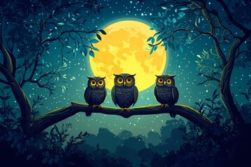 Mystical Night Silhouetted Owls. Enchanted Forest Under a Full Moon Vector Illustration