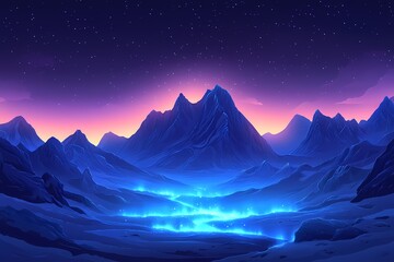 Mystical Mountain Landscape at Night. Vibrant Colors and Starry Sky in a Snowy Valley