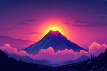 Majestic Volcano Sunset. Vibrant Digital Art of Serene Mountain Landscape with Purple Skies and Starry Night
