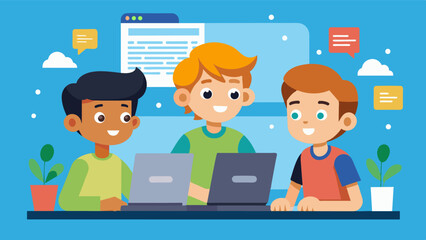 A group of boys brainstorming ideas and coding together on a shared computer screen.. Vector illustration