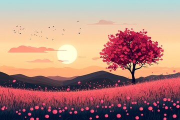 Digital Art of Countryside at Sunset with Vibrant Wildflowers and Silhouetted Leafy Tree