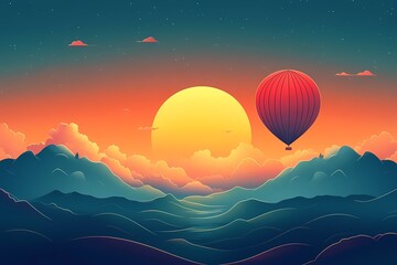 Capture Adventure with Vibrant Hot Air Balloon Silhouettes Against a Mystical Mountain Sunset - Scenic Digital Art Explores the Enchanting Evening Horizons