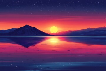 Tranquil Sunset Reflection over Mountainscape. Vibrant Digital Art with Colorful Water and Night Sky Silhouettes in a Serene Landscape