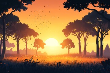Sunset Landscape Illustration. Vibrant Colors of Twilight in a Tropical Forest