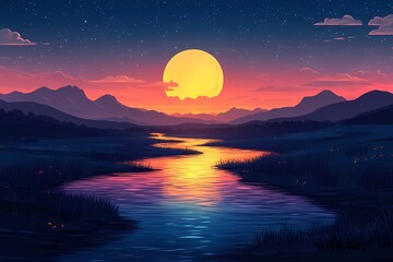 Idyllic Sunset Landscape Over Tranquil River with Vibrant Colors and Scenic Mountain Reflections