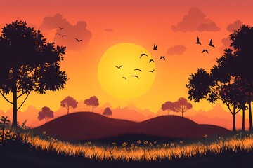 Vibrant Sunset Landscape Illustration with Silhouetted Trees and Hills - Nature's Tranquil Serenity in Digital Art