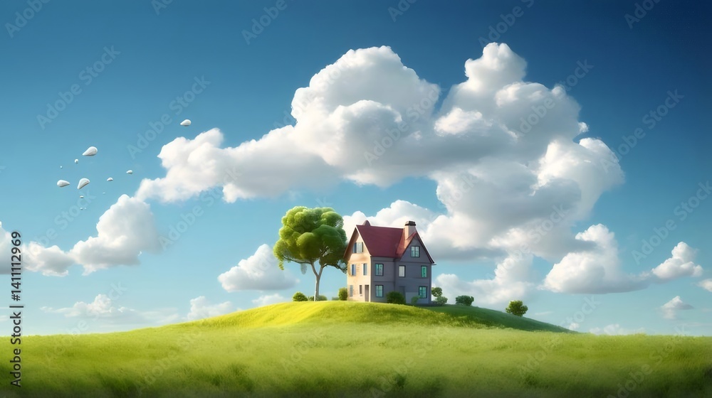 Poster 緑豊かな丘に建つ家と青空に浮かぶ白い雲 夏の穏やかな風景画