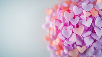 Obraz premium Small paper hearts in shades of pink and lavender form a vibrant, decorative arrangement, perfect for celebrations or romantic gatherings