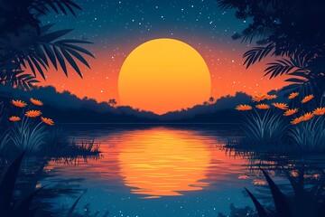 Breathtaking Sunset Landscape with Vibrant Reflections in a Serene Tropical Setting Digital Art Fantasy Scenery