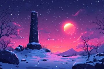 Magical Winter Night. Snowy Tower Monument under Starry Sky and Pink Moonlit Landscape