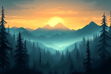 Mystical Sunrise Over Misty Mountains. Scenic Adventure in Nature's Tranquil Expanse