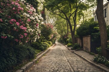 A tranquil cobblestone lane, embraced by lush blooming bushes and elegant houses, bathed in soft sunlight creating a serene and peaceful ambiance.