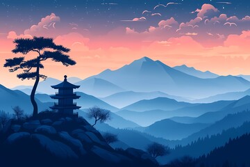 artistic landscape photo of silhouetted mountains and Asian temple at sunset for serene travel inspiration
