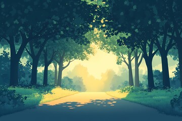 Tranquil Forest Pathway. Idyllic Summer Scenery with Dappled Sunlight and Vibrant Nature