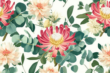 seamless pattern of native australian flowers, featuring eucalyptus, waratah, and kangaroo paw, australia, flowers, eucalyptus, waratah, seamless
