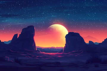 Whimsical Desert Landscape Illustration. Vibrant Sunset & Starry Night Sky with Distant Mountains and Crescent Moon