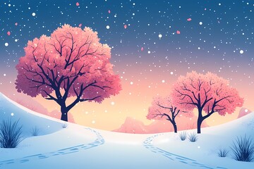 Winter Wonderland. Serene Snow-Covered Trees in Winter Sunset Landscape