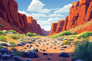 Desert Rocky Scenery. Vibrant Artistic Illustration of Arid Nature Scene with Canyon and Sandstone Formations