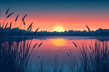 Sunset Landscape Reflection. Tranquil Nature Silhouette in Idyllic Dusk Scenery