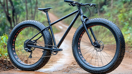 Fototapeta premium Black Fat Tire Mountain Bike On Dirt Path Through Forest