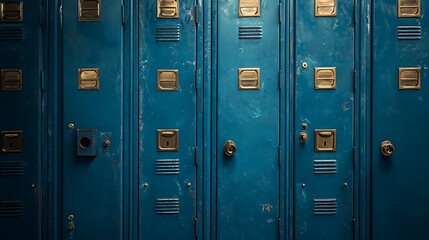 Obraz premium Vintage Blue Metal Lockers Close-Up, Close-up of a row of vintage blue metal lockers with locks