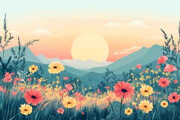 Tranquil Sunset Over Blooming Meadow. A Vibrant Landscape of Wildflowers in Rural Harmony