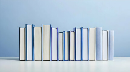 Fototapeta premium Organized Books On White Surface Against Light Blue Background