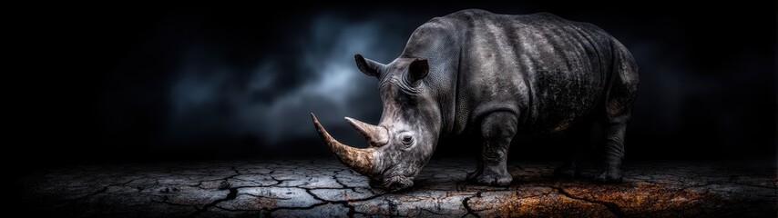 Obraz premium Majestic Rhinoceros Walking Through Dry Terrain in Dramatic Lighting with Textured Background