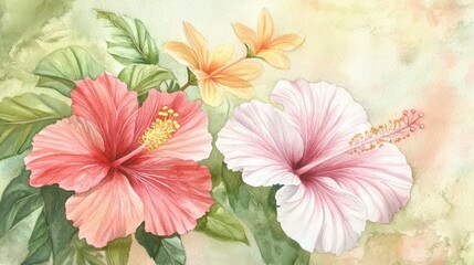 Obraz premium Watercolor painting of vibrant hibiscus flowers with delicate leaves.